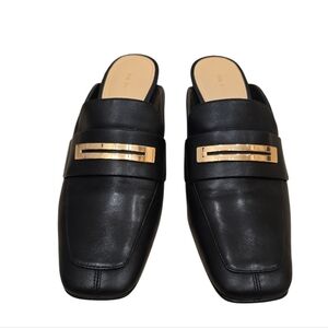 Via Spiga Brin leather loafer mule in black with a gold-tone buckle 6.5M